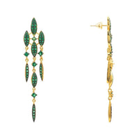 Gold-tone drop earrings with emerald green CZ stones, shown from side