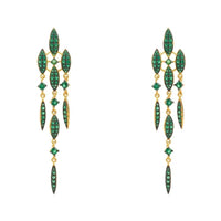 Gold-tone drop earrings with emerald green oval and teardrop CZ stones