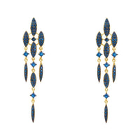 Gold-tone sapphire-blue CZ drop earrings with teardrop clusters