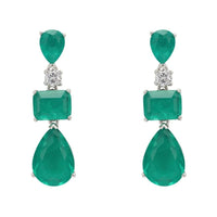 Silver drop earrings with green teardrop, rectangular, and oval stones and clear accents