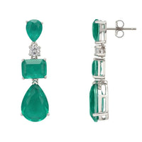 Silver drop earrings from the side with green rectangular and teardrop stones
