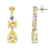 Silver drop earrings with three faceted yellow topaz stones and dark center
