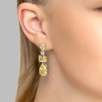 Silver drop earrings with yellow topaz teardrop and dark stone accents