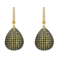 Gold drop earrings with pavé teardrop pendants set with green gemstones