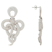 Silver rhinestone drop earrings side view with dangling braided knot loops