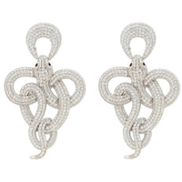 Silver rhinestone drop earrings with braided knot and coiled loops