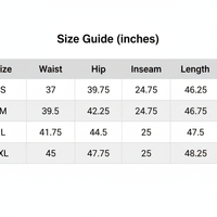 Size guide table for inches measurements, with size, waist, hip, inseam, and length
