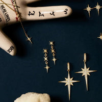 Set of gold starburst drop earrings with dangling crystal stars