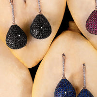 Teardrop pavΓ© gemstone earrings with rose gold hooks in black and blue