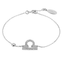 Silver tone bracelet with CZ zodiac pendant and oval engraved clasp tag