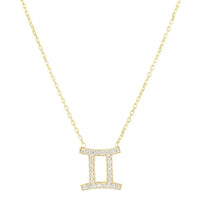 Gold Gemini zodiac pendant necklace with fine chain and rectangular charm
