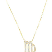 Gold zodiac Virgo star sign pendant necklace with crystal-like enamel letters