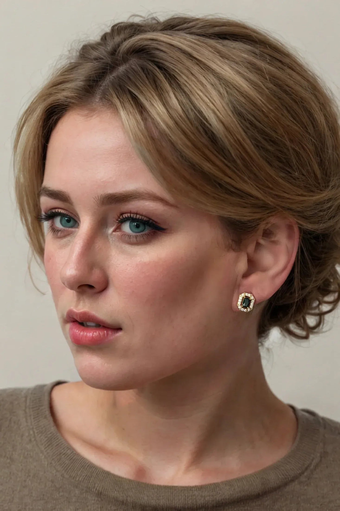 Gold emerald-green gemstone stud earrings with clear halo on ear