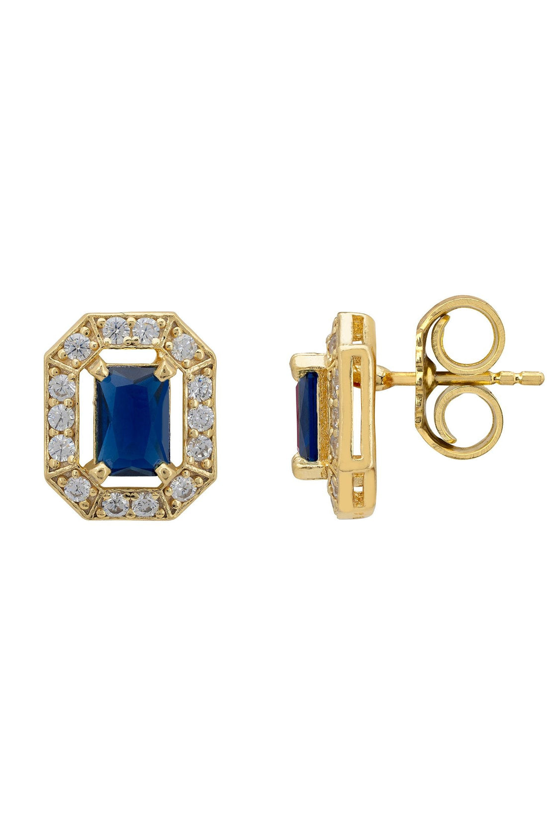 Gold sapphire-blue stud earrings side view with secure back clasp