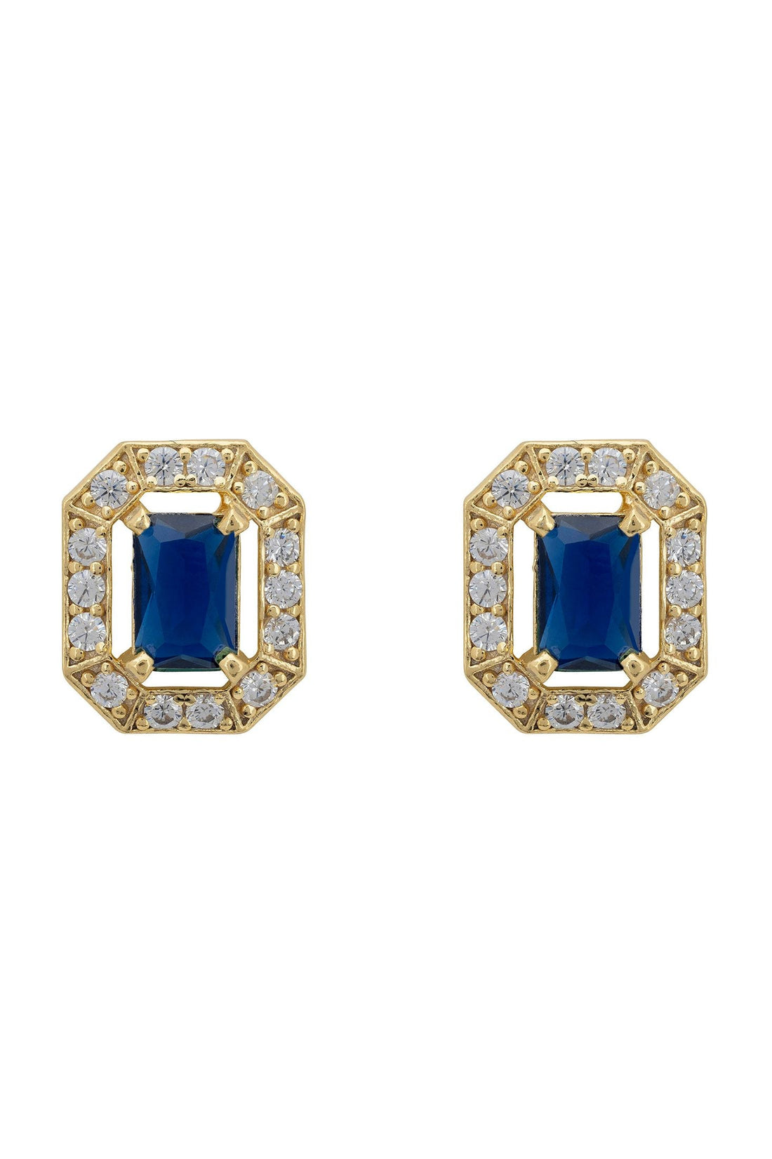 Gold stud earrings with sapphire-blue gemstone and clear stone halo