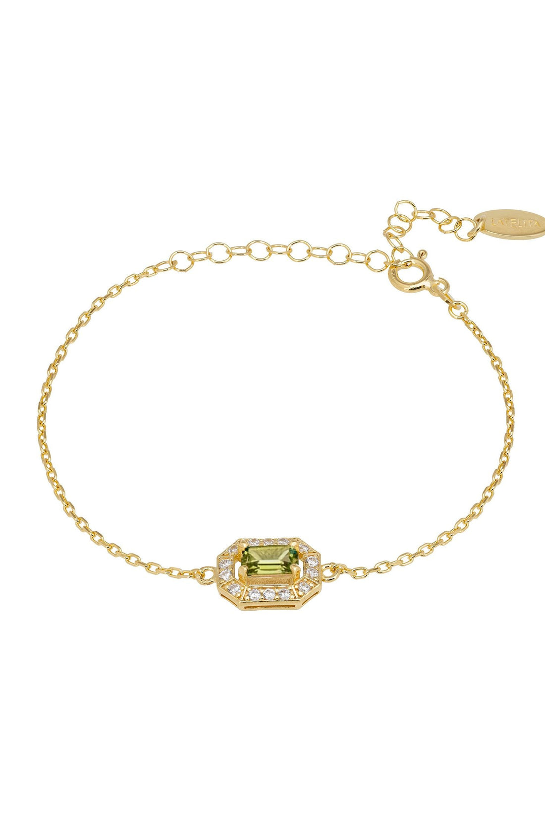 Gold gemstone bracelet with green octagon center stone and crystal halo links