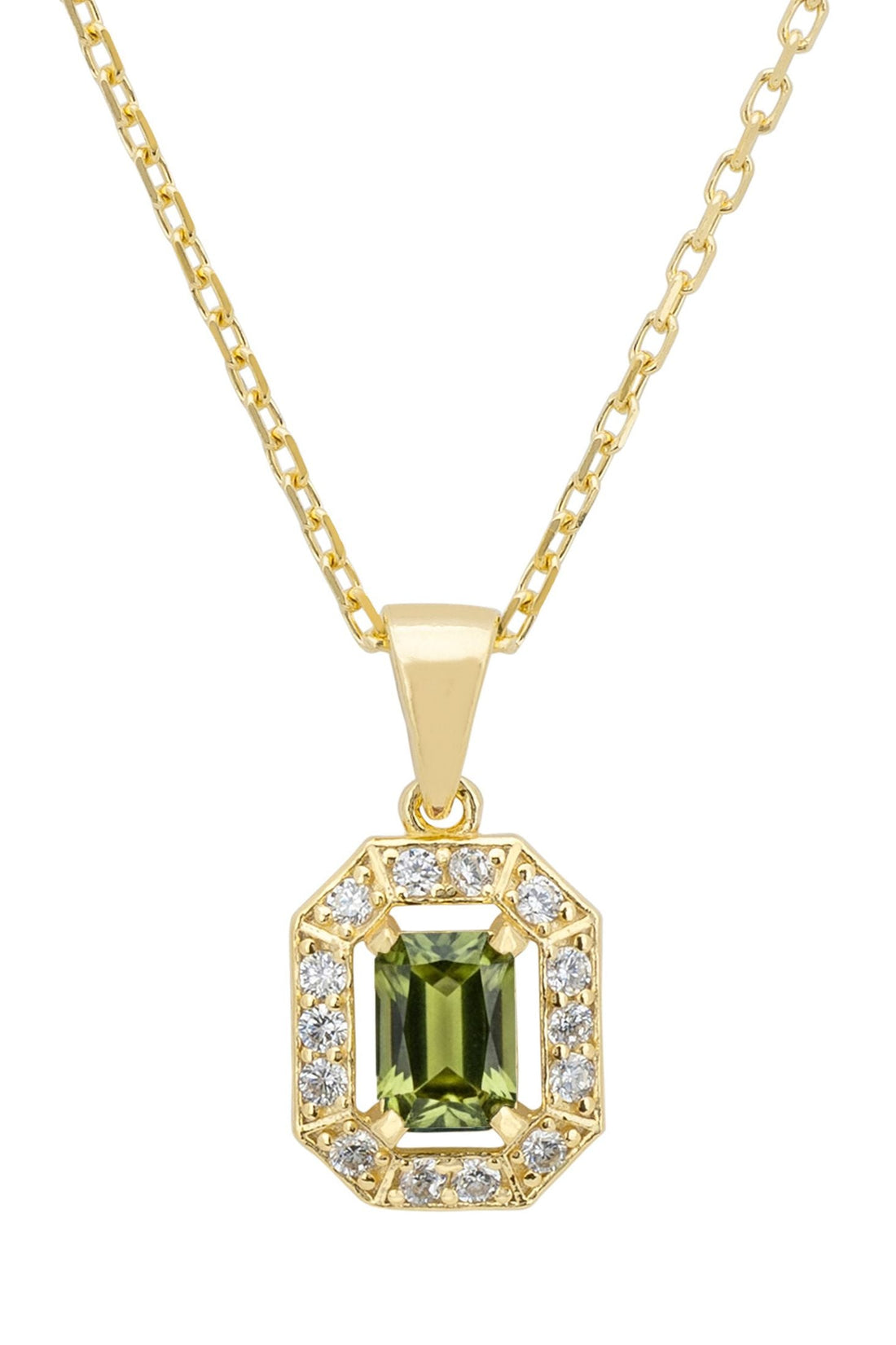 Gold gemstone pendant necklace with green cushion-cut center and crystal halo