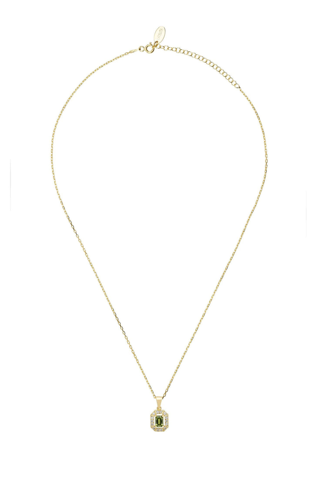 Gold gemstone pendant necklace with small square peridot-green stone on thin chain