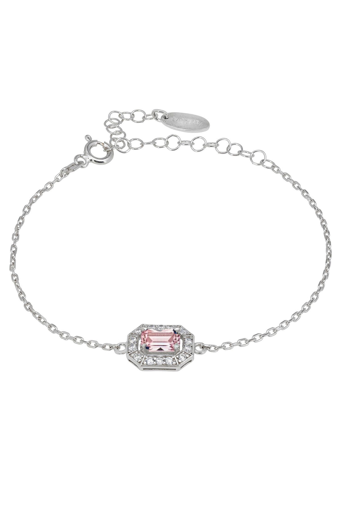 Silver bracelet with pink rectangular gemstone in halo setting