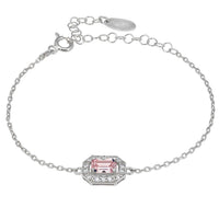 Silver bracelet with pink rectangular gemstone in halo setting