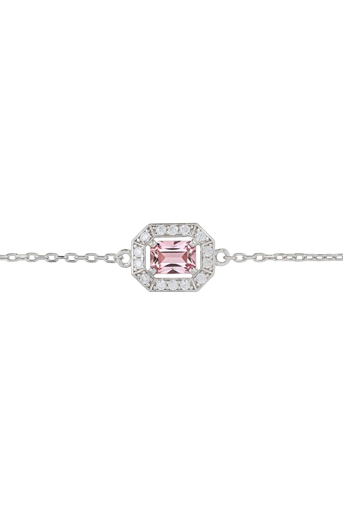 Silver chain bracelet with square halo frame and pink center stone