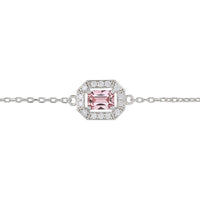 Silver chain bracelet with square halo frame and pink center stone