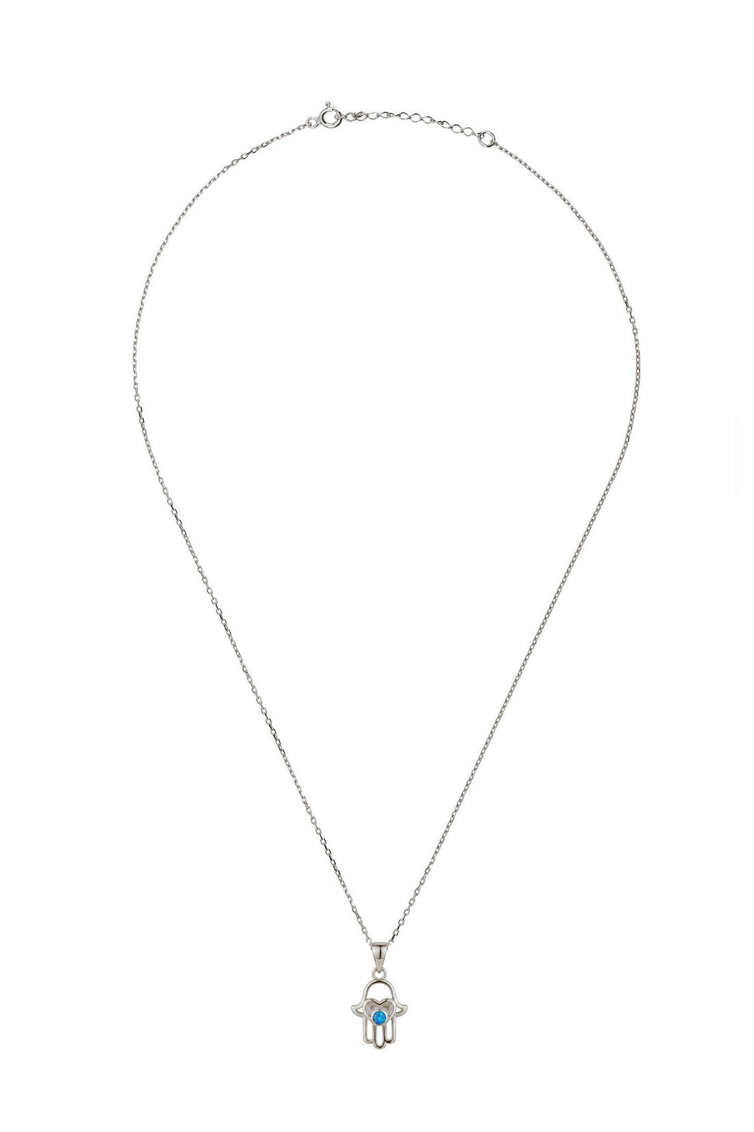 Silver hamsa hand pendant necklace on chain with blue opal center charm