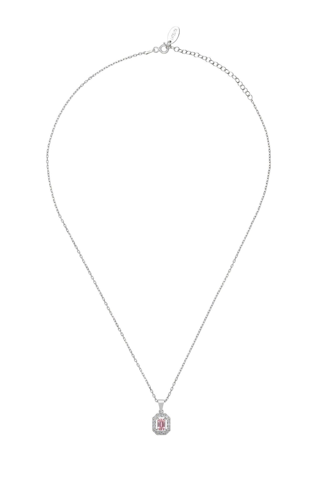 Silver chain necklace with pink gemstone pendant in halo frame