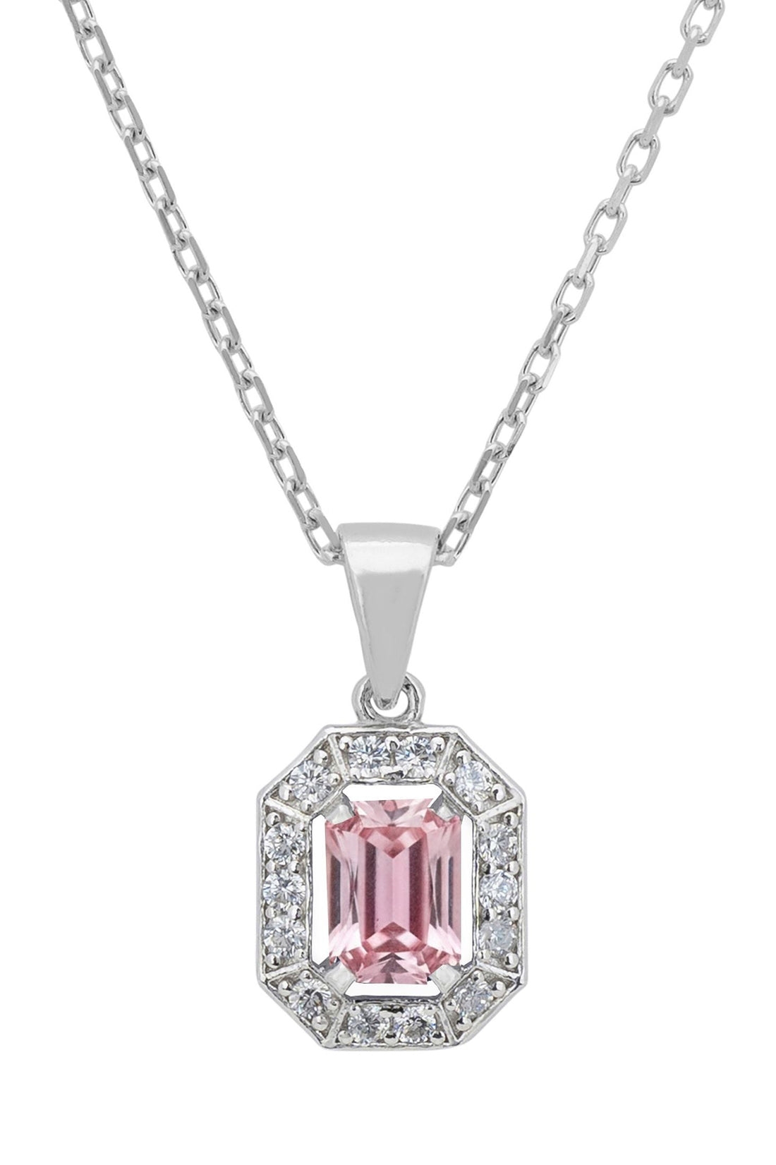 Silver pendant necklace with octagon halo frame and pink gemstone centerpiece