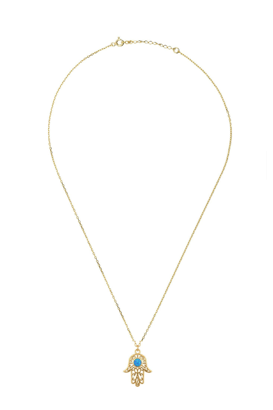 Gold chain necklace with small hamsa hand pendant and blue opal-style center stone
