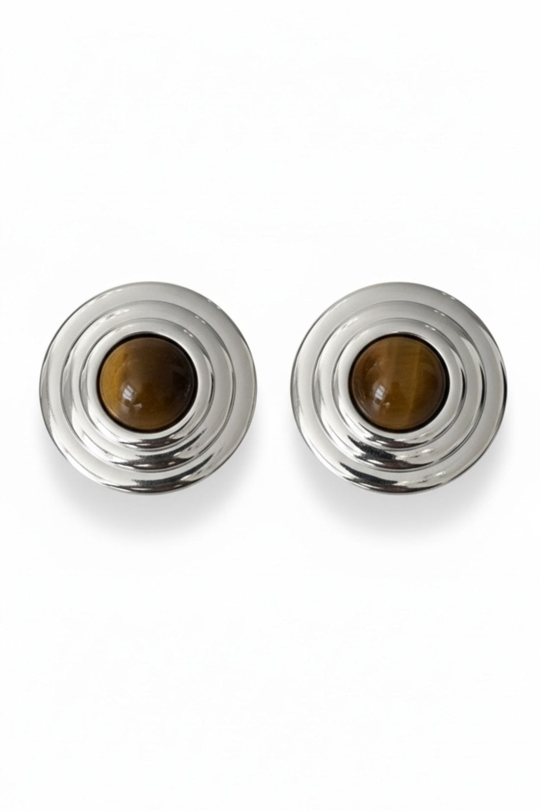 Large silver round stud earrings with brown tiger&
