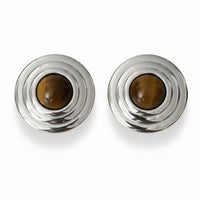 Large silver round stud earrings with brown tiger's eye cabochon and concentric rings