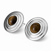 Large round tiger's eye stud earrings in silver with stacked circular frame