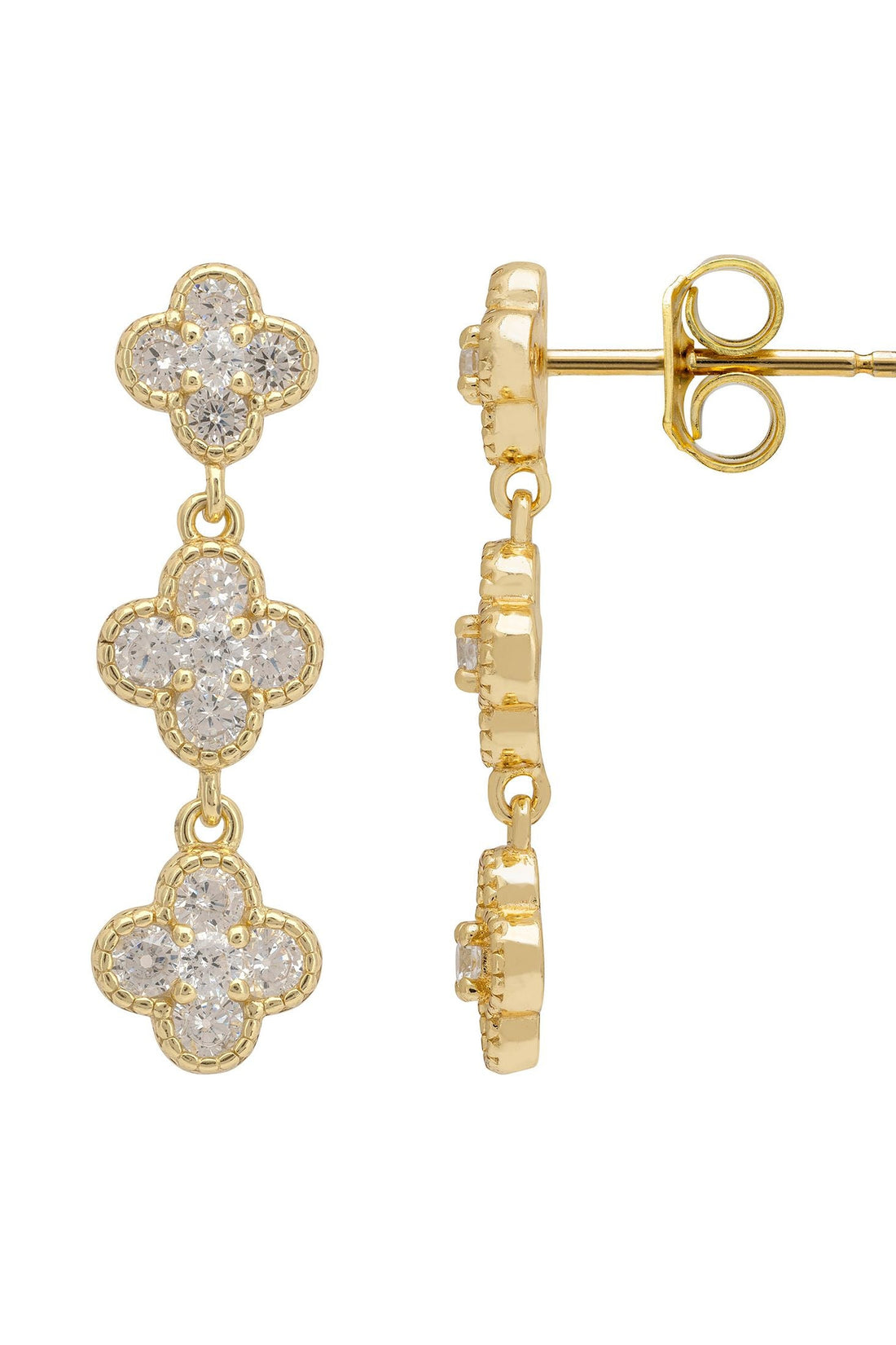 Gold triple clover drop earrings with visible hinge and post back
