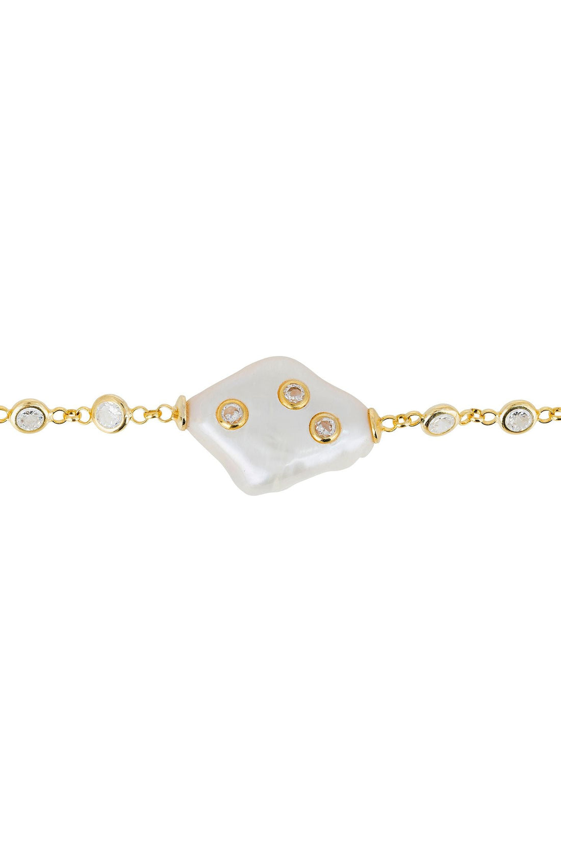 Gold bracelet with heart-shaped charm, pearl-like links, and clasp detail