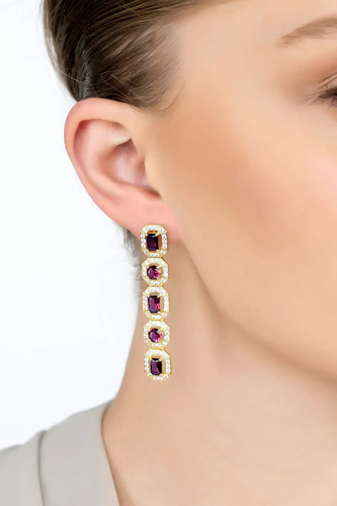 Gold-tone ruby gemstone drop earrings, five ruby stones in square bezels