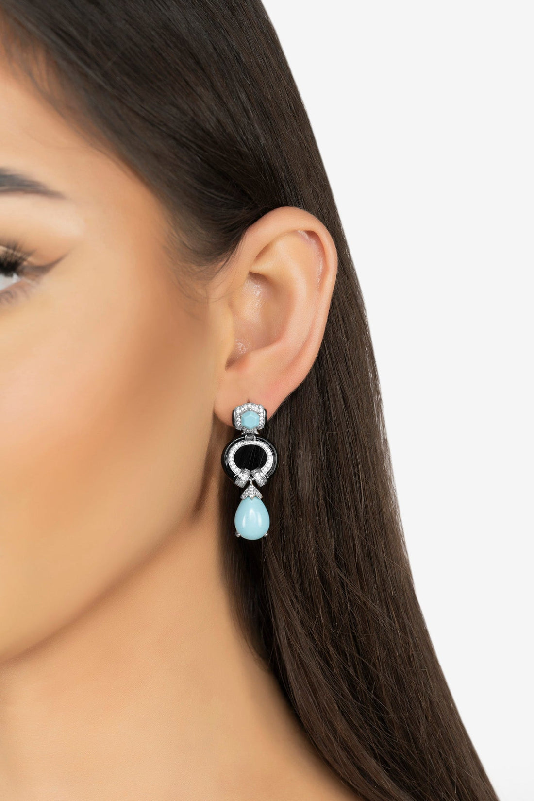 Turquoise teardrop earrings, silver-tone with black ring detail and crystal accents