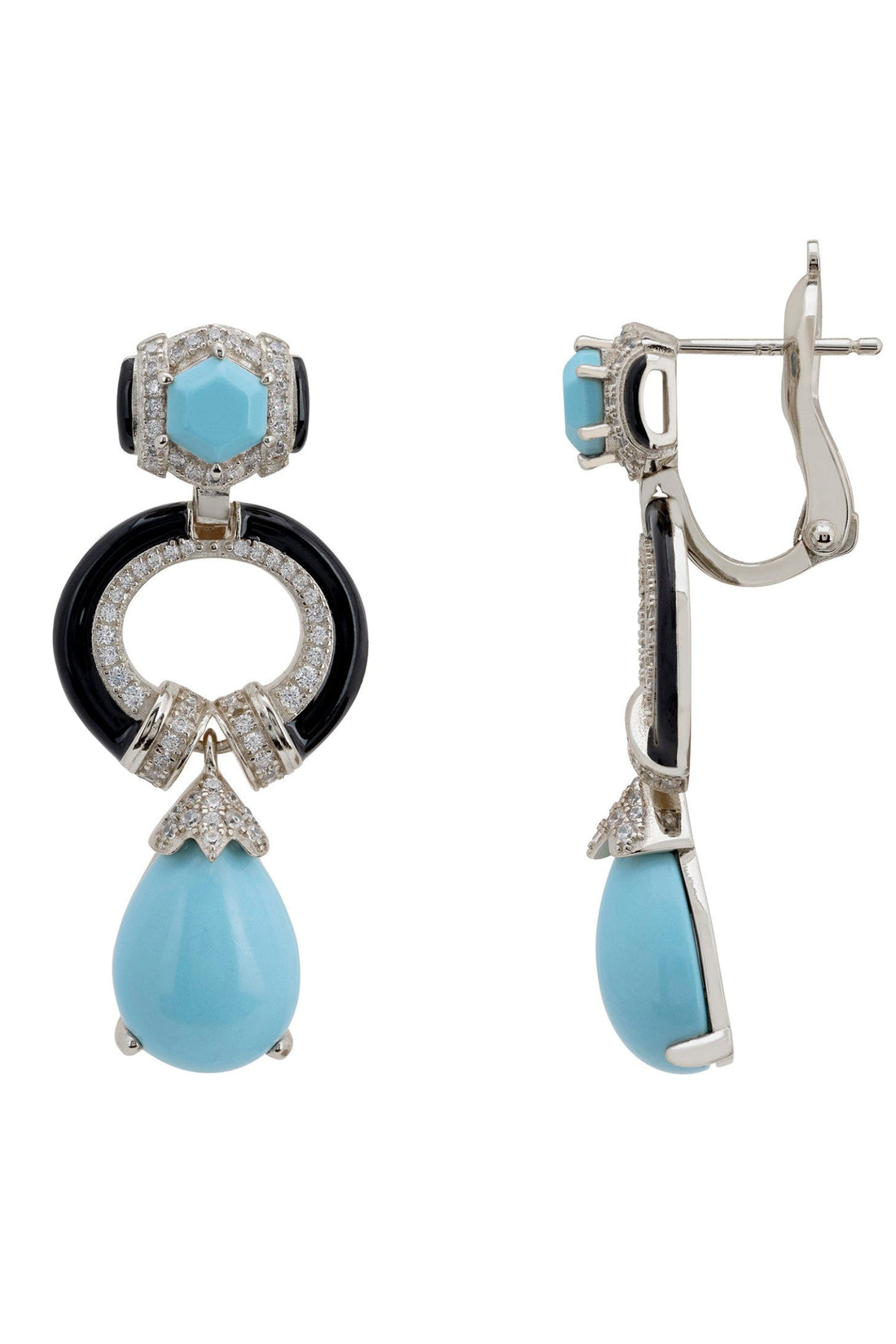 Turquoise enamel drop earrings, silver-tone with black ring detail and teardrop dangles