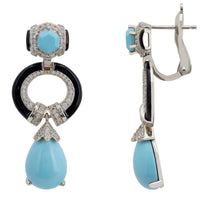 Turquoise enamel drop earrings, silver-tone with black ring detail and teardrop dangles