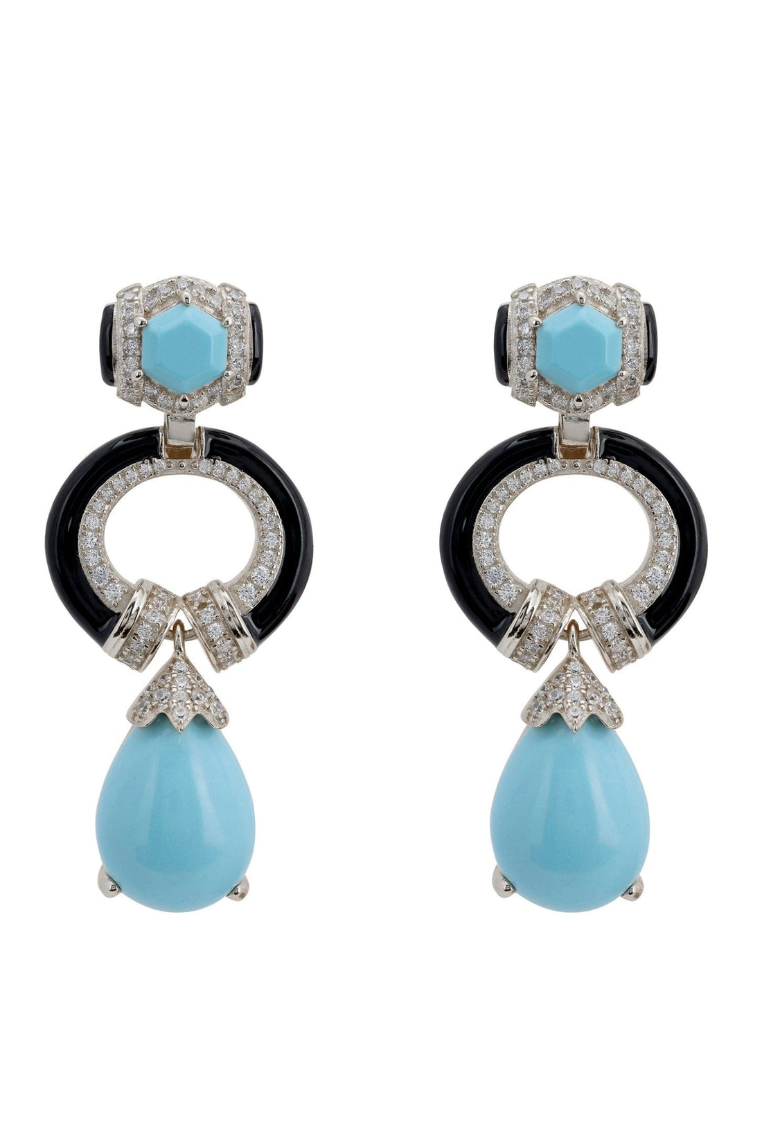 Turquoise enamel drop earrings, silver-tone with black rings and teardrop dangles