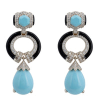 Turquoise enamel drop earrings, silver-tone with black rings and teardrop dangles
