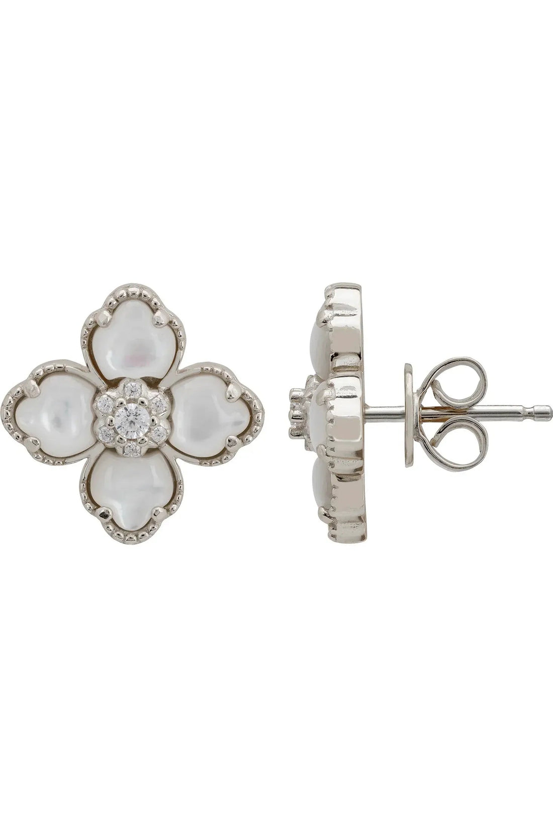 Silver-tone clover flower stud earrings with mother-of-pearl petals, crystal, butterfly backs