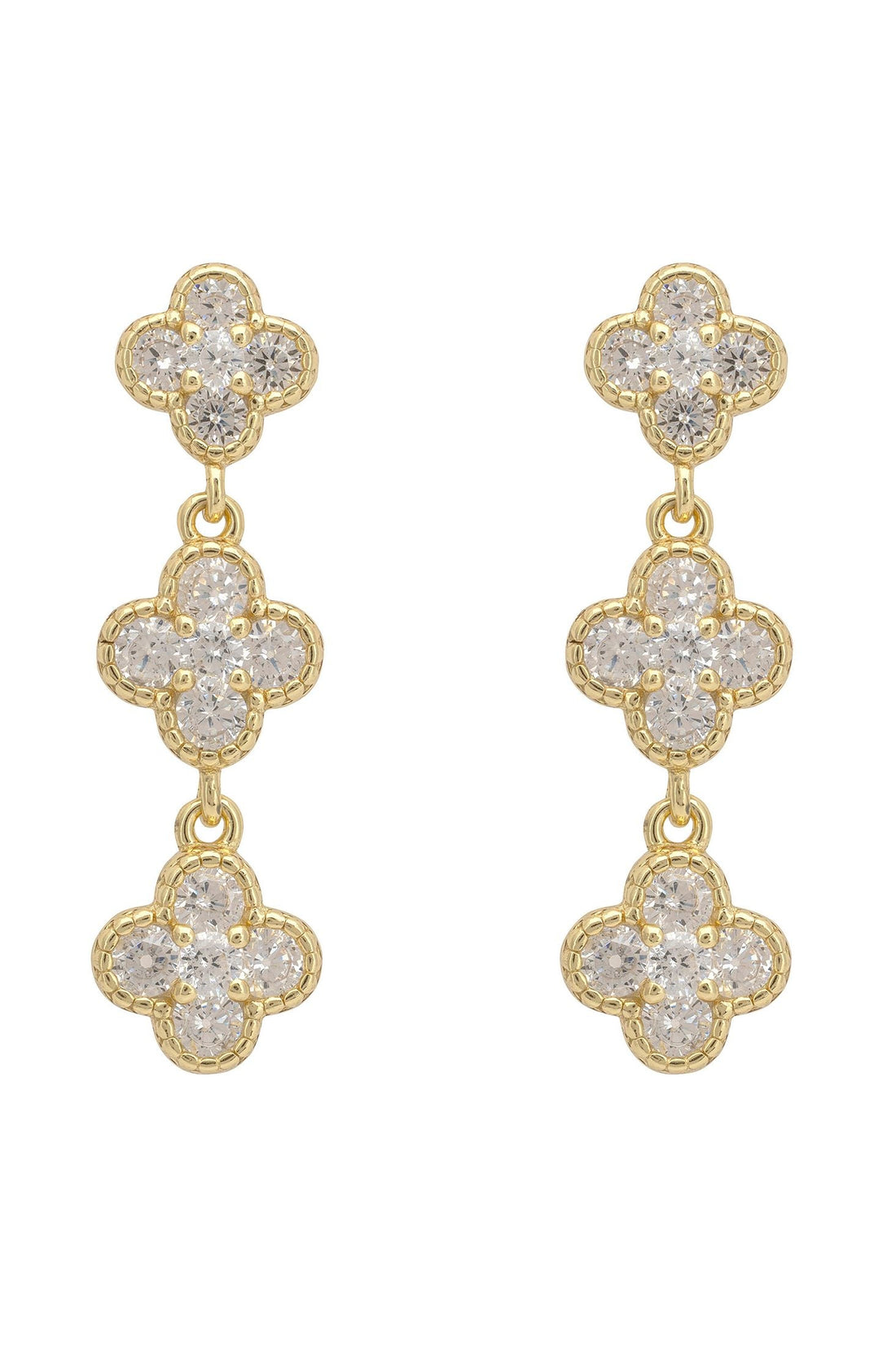 Gold triple clover drop earrings with clear crystal centers