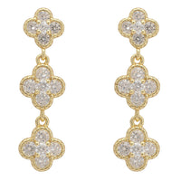 Gold triple clover drop earrings with clear crystal centers