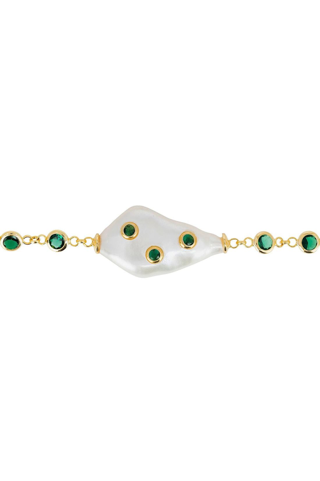 Gold bracelet with white pearl centerpiece, emerald green stone clusters, and clasp