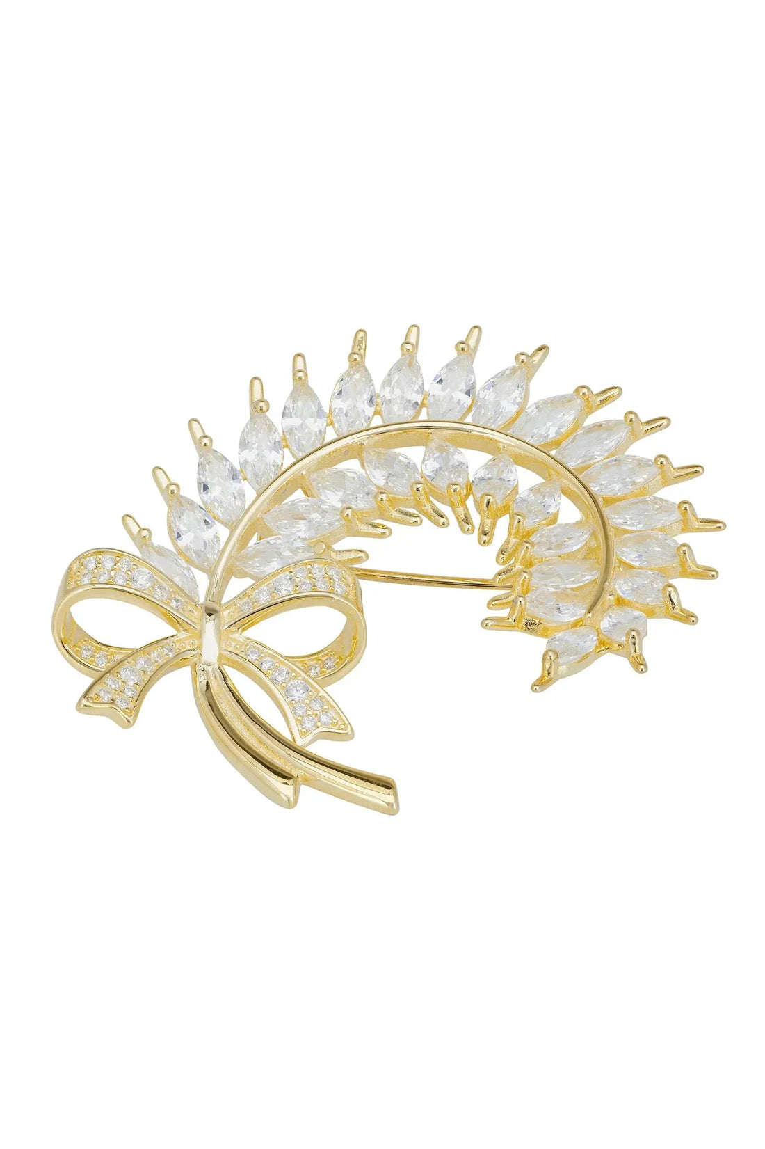 Gold-toned ribbon and laurel leaf brooch with clear rhinestone accents