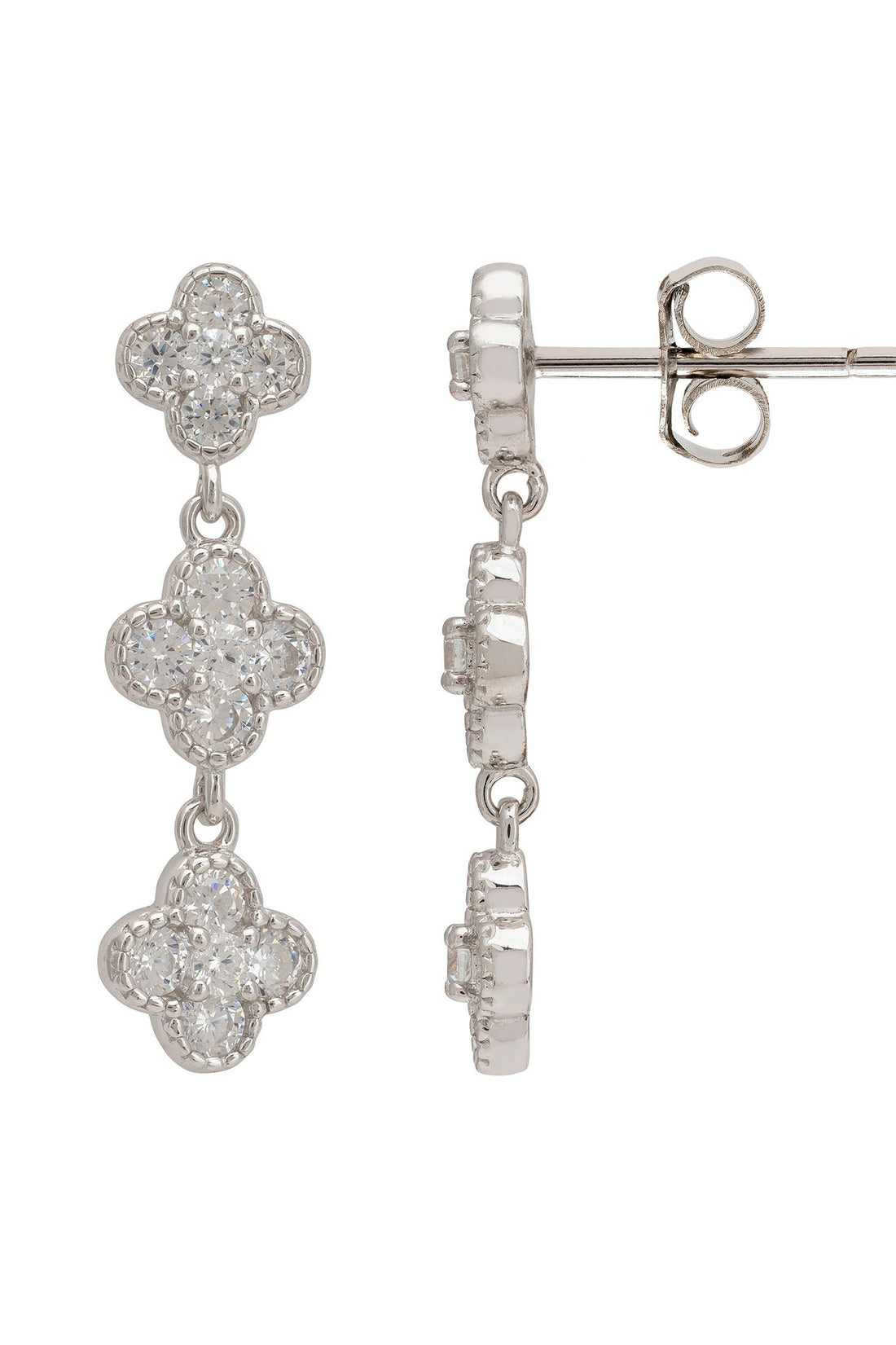 Silver mini triple clover drop earrings with visible post back and hinged clasp