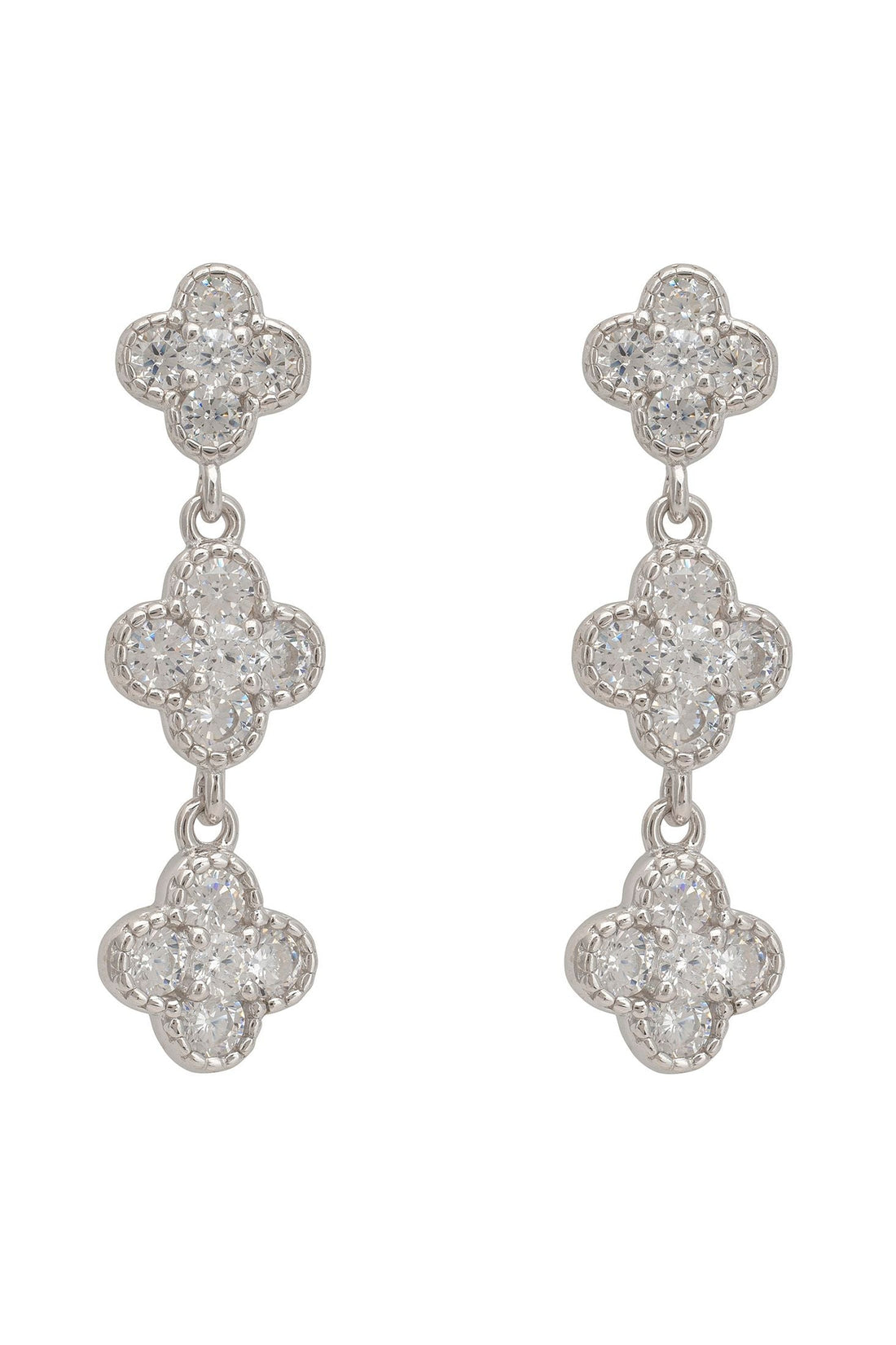 Silver triple clover drop earrings with three linked floral motifs