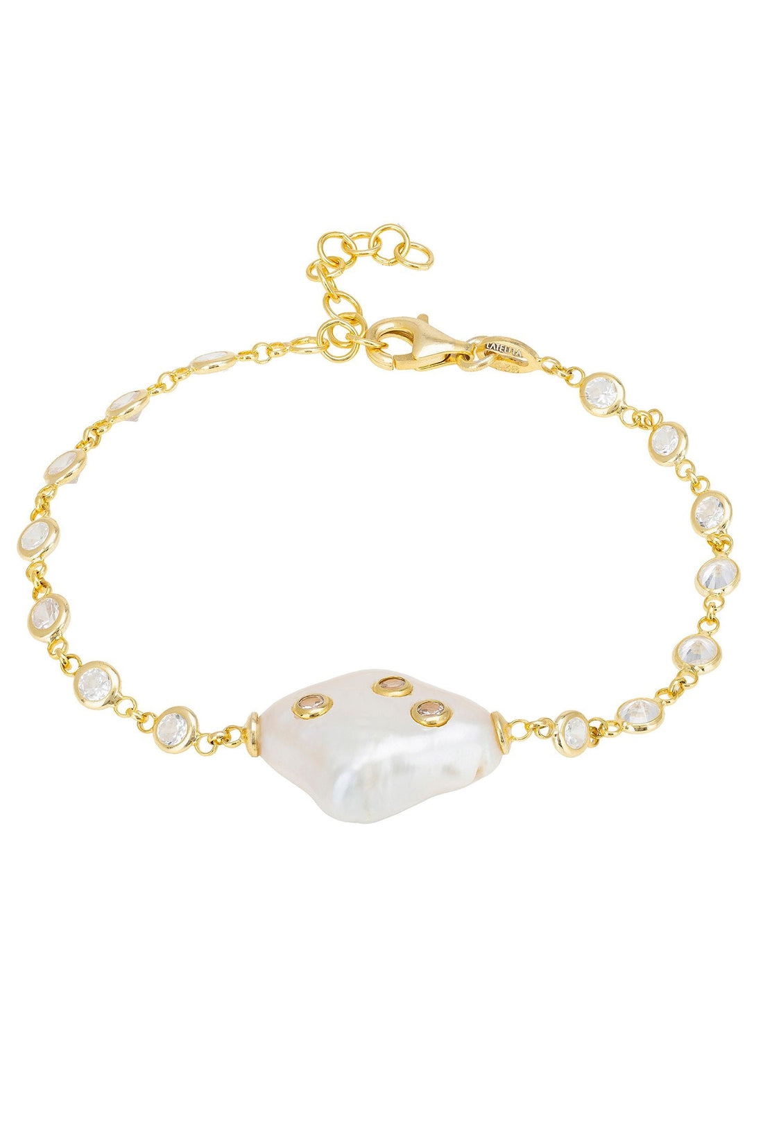 Gold bracelet with white heart charm and small round pearl-like accents