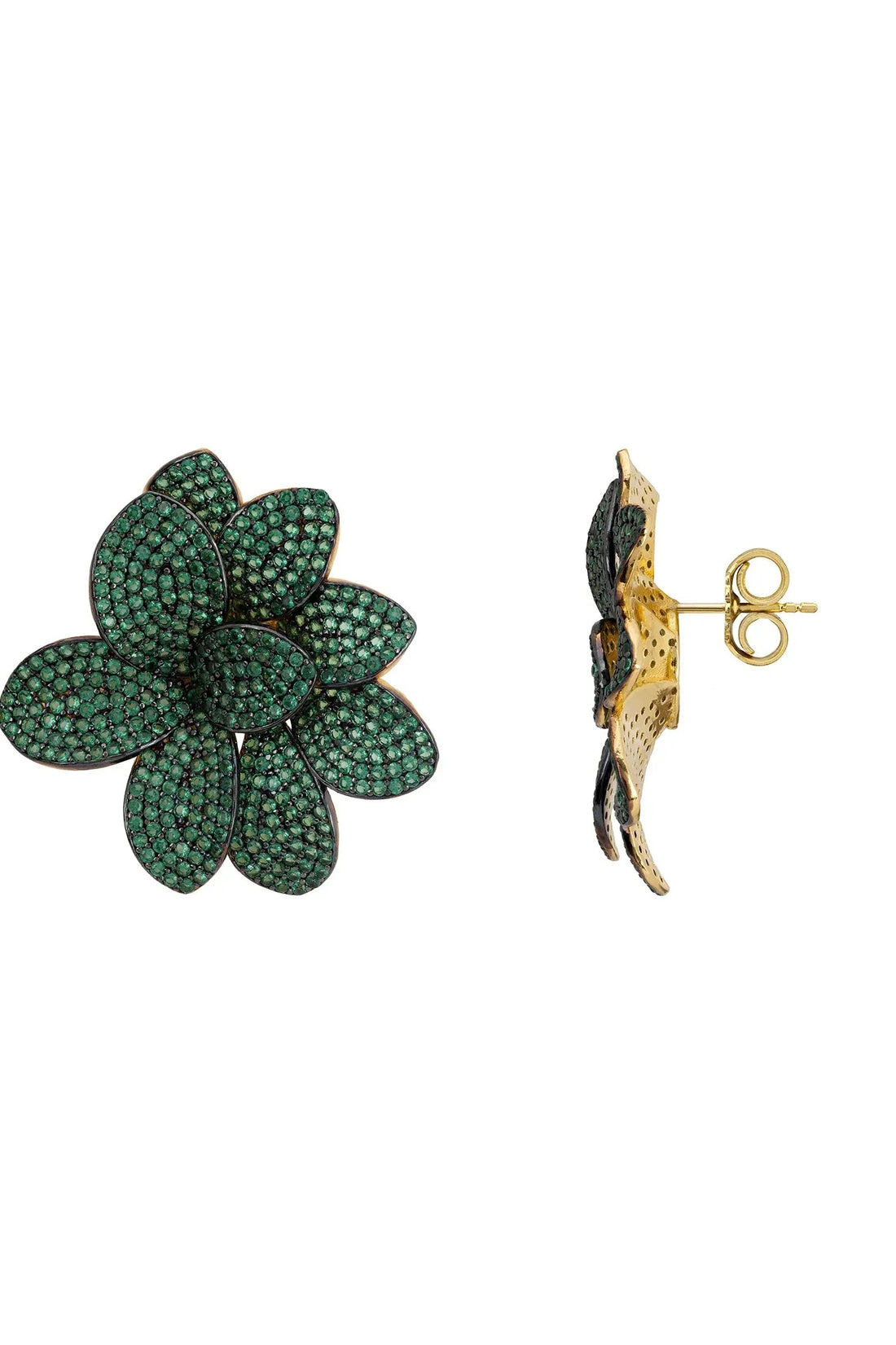 Flower stud earrings with dark green pave petals and gold backs, side view